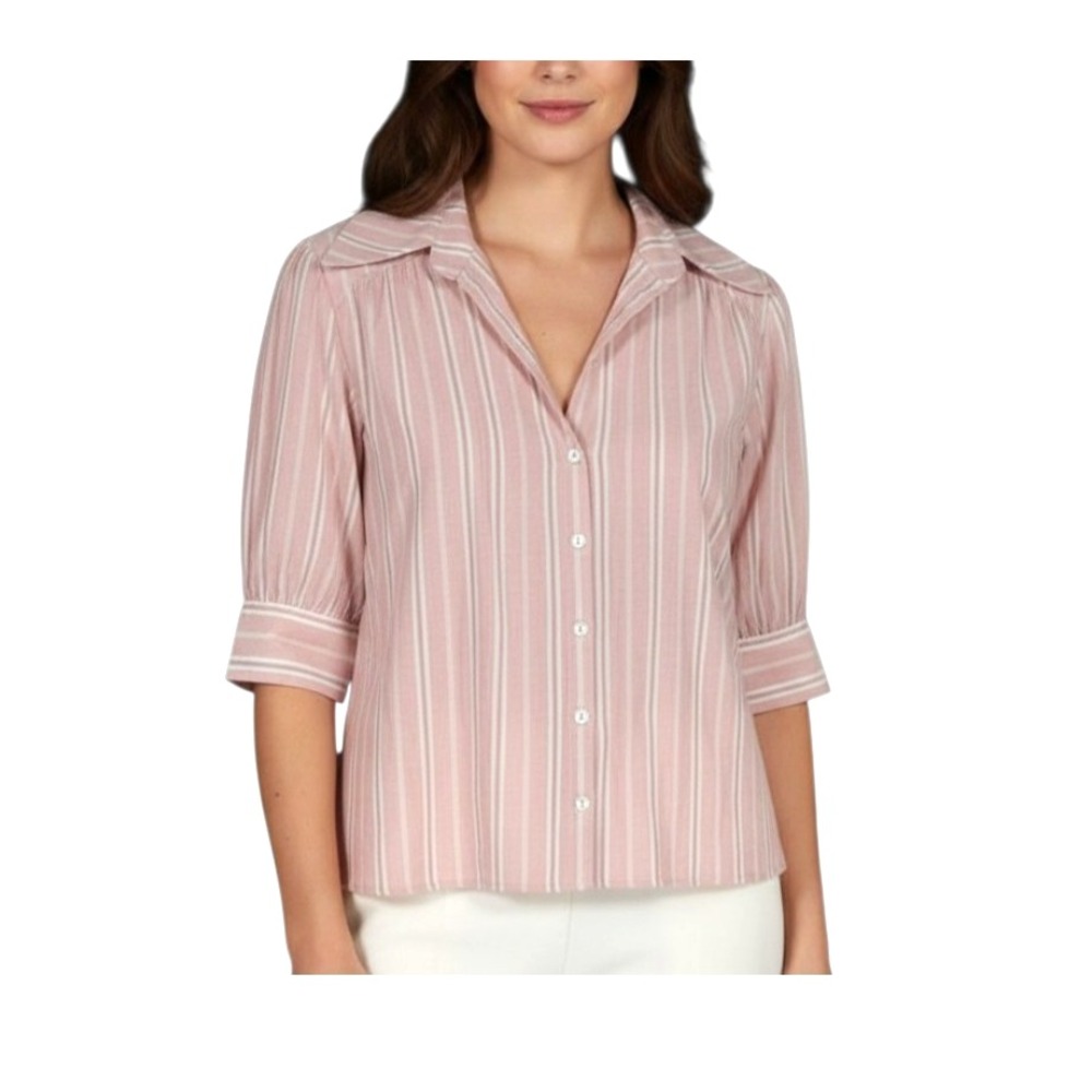 SUNDAYS We Are Sundays PINK STRIPES Twill BUTTON-UP Pleated Trim SHIRT/TOP Sz S